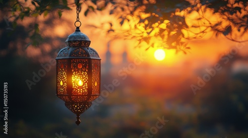 Lantern glowing in twilight with intricate patterns surrounded by lush greene...