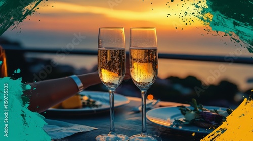 Romantic sunset dining with champagne glasses overlooking a coastal view