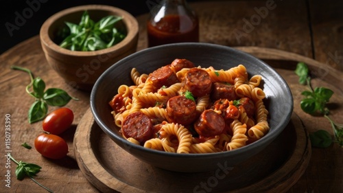 Spicy Treccione Pasta with Smoked Sausages in Tomato Sauce  photo