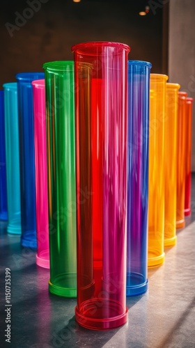 Colorful transparent cylindrical structures create a vibrant artistic install...