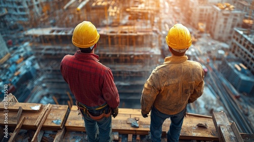 Construction workers collaborating on wooden beams at a worksite during daytime