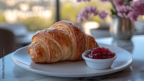 Freshly baked croissant served with fruit preserves in a cozy cafe setting