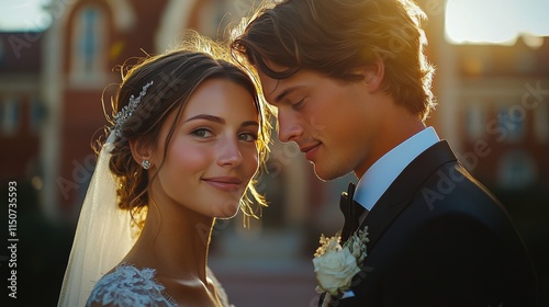 Two brides smiling joyfully in elegant dresses with light veils at a beautifu...