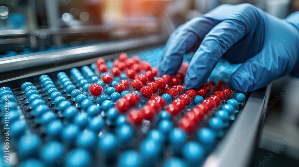 Fototapeta premium Sorting colorful spheres on a conveyor belt in a production facility