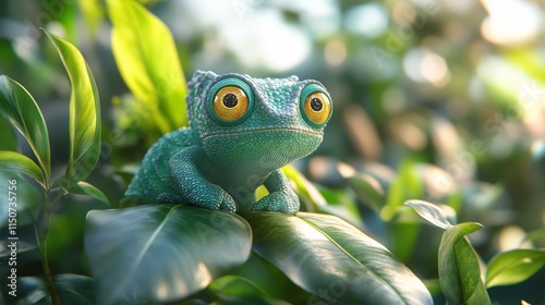 Colorful chameleon resting on a branch in a lush tropical environment