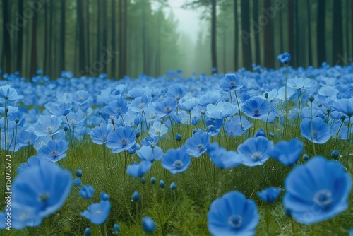 Vibrant blue flowers blooming in a serene forest setting during daylight hours