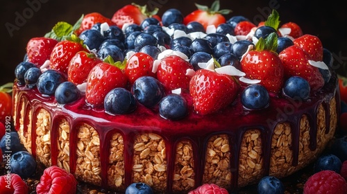 Delicious yogurt parfait topped with berries and granola served in a rustic bowl