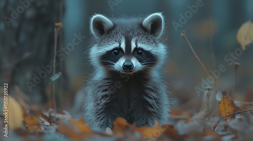 Cute raccoon standing in the forest surrounded by leaves during early evening...