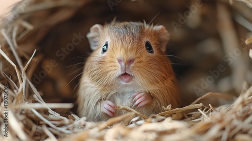 Cute small rodent peeking from its cozy nest with curious expression during t...