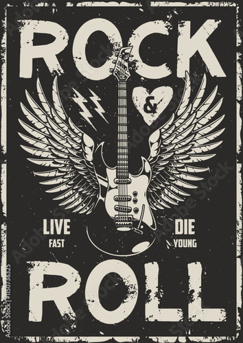 Rock and roll artwork featuring guitar and wings