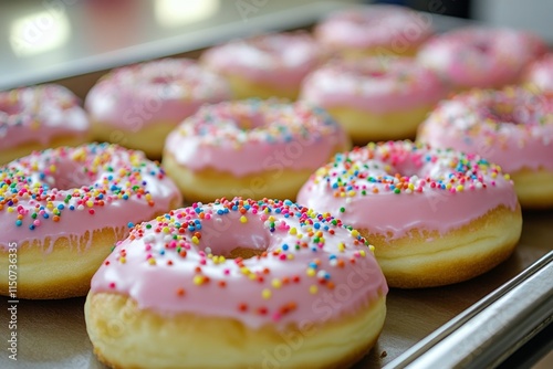 Freshly baked donuts with pink frosting and colorful sprinkles at a bakery di...