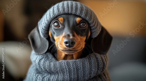 Cute dachshund wearing a cozy sweater in a warm indoor setting