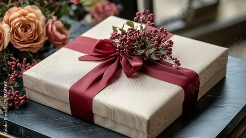 Beautifully wrapped gift with floral decoration on elegant surface