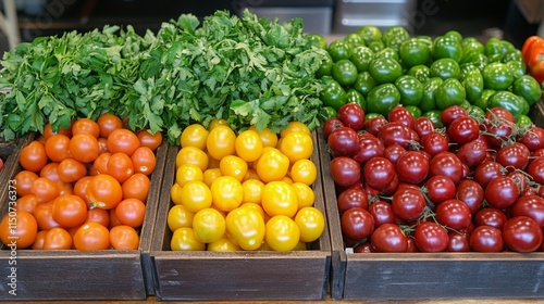 Fresh vegetables and herbs arranged on a marble countertop in a kitchen setting