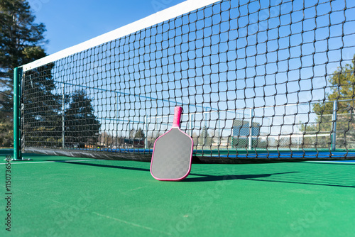Low-angle view of pickleball paddle leaning against net of an outdoor pickleball court