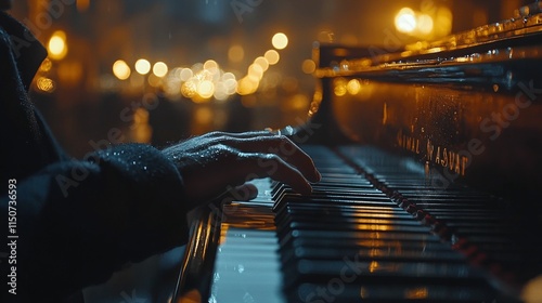 Pianist performs in rainy evening with captivating city lights in the background