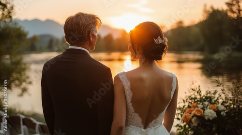 Couple enjoying sunset during their wedding ceremony by the serene lakeside a...