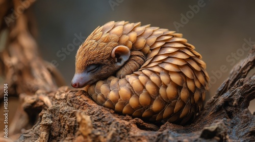 Pangolin curled up on a wooden surface in a lush green environment during day...