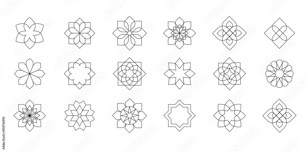Collection of black and white linear Arabic oriental floral vector elements. Traditional arabesque icons, ornaments and patterns. Abstract flower symbols and logos in ornamental Islamic style.