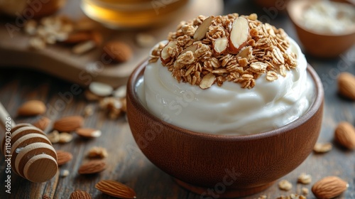 Nutritious oatmeal topped with almonds in a rustic bowl on a wooden table