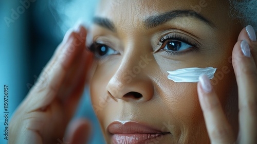 Young woman applying skincare cream in a cozy setting for healthy and glowing...