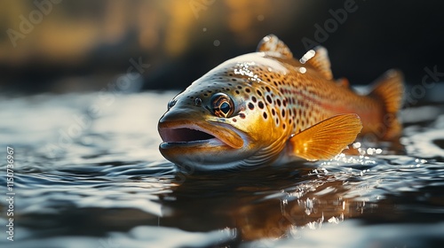 Brown trout swimming in clear water during daylight in a tranquil natural hab...
