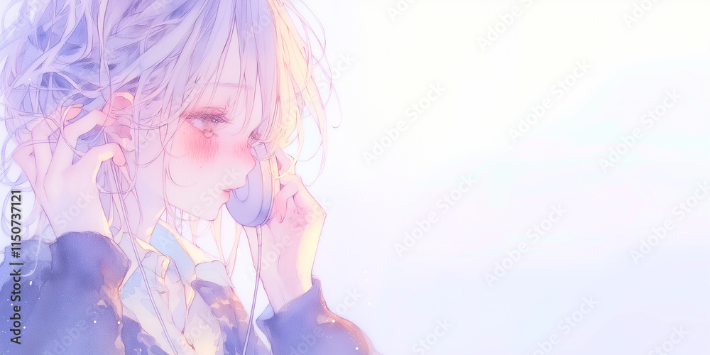 Fototapeta premium 電話をする少女。水彩画。挿絵、イラスト。