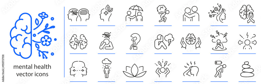 mental health icons, anxiety or stress icon set, mental personality problem simple symbols, linear vector illustration, outline editable stroke mental health icons, anxiety or stress icon set, mental personality problem simple symbols, linear vector illustration, outline editable stroke
