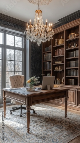 Elegant home office with chandelier and bookshelf featuring family photos in ...