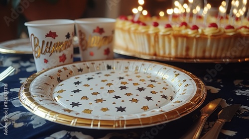 Celebration table setting with cake, party cups, and decorative plates during...