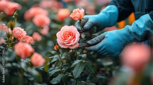 Pruning pink roses in a vibrant garden during sunny spring afternoon