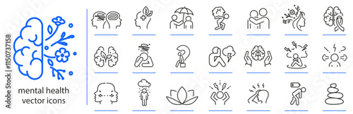 mental health icons, anxiety or stress icon set, mental personality problem simple symbols, linear vector illustration, outline editable stroke