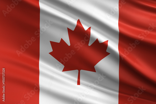 A waving Canadian flag featuring red and white colors with a central maple leaf symbol.