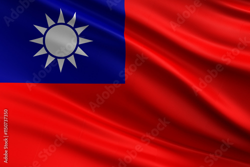 A waving flag featuring a blue field with a white sun and red background, representing Taiwan. photo