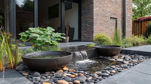 Modern outdoor living space with waterfall feature and sleek architecture sur...