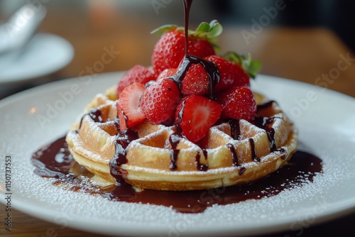 Delicious waffle topped with fresh strawberries and chocolate drizzle served ...