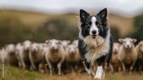 Herding sheep in the mountains with a border collie under cloudy skies