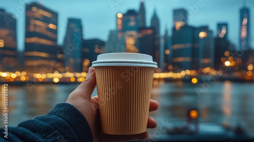 Enjoying warm coffee while gazing at a vibrant city skyline during twilight