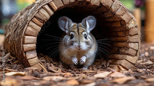 Cute small animal peeking from a wooden tunnel surrounded by autumn leaves