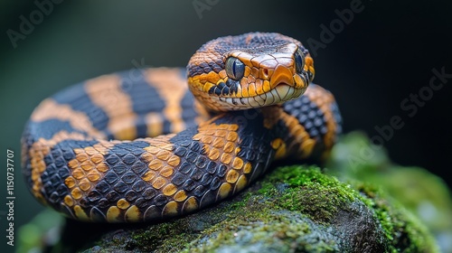 Colorful snake resting on mossy rock in a lush tropical environment