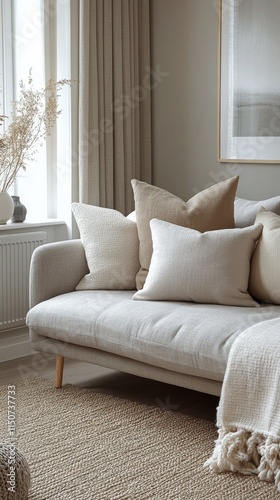 Cozy grey sofa with decorative pillows in modern living room setting