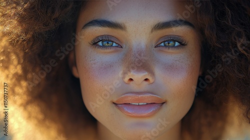 Woman with beautiful freckles and radiant smile in bright indoor setting