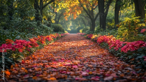 Vibrant autumn path lined with colorful flowers and fallen leaves in a serene...