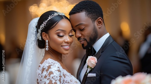 Elegant couple share a tender moment during their wedding ceremony in a beaut...
