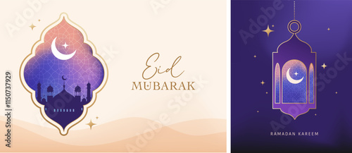Ramadan Kareem window and lantern backgrounds. Modern Islamic greeting card template and wallpaper design. Poster and media banner vector illustration