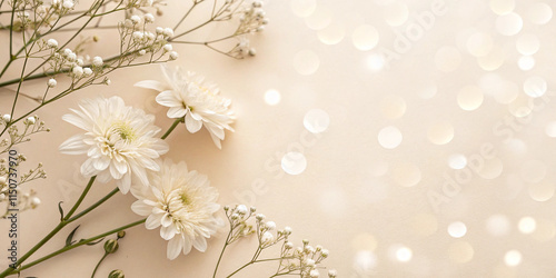 Generative ai, a close-up of a bunch of white flowers on a beige background. The flowers are arranged in a way that they are overlapping each other, creating a beautiful and delicate display