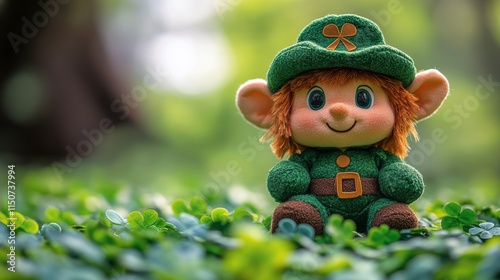 Green plush bear sits among clovers in a sunlit garden, celebrating St. Patri...