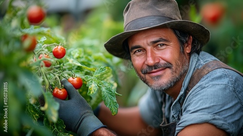 Farmer harvesting ripe tomatoes in a vibrant garden during sunny daytime hours