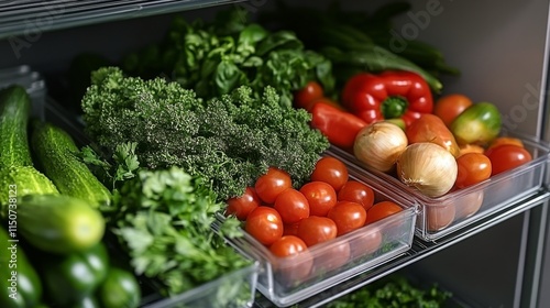 Organized refrigerator with fresh vegetables and legumes for meal preparation