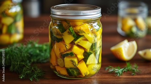 Homemade pickles made from fresh cucumbers and yellow squash with herbs in a ...